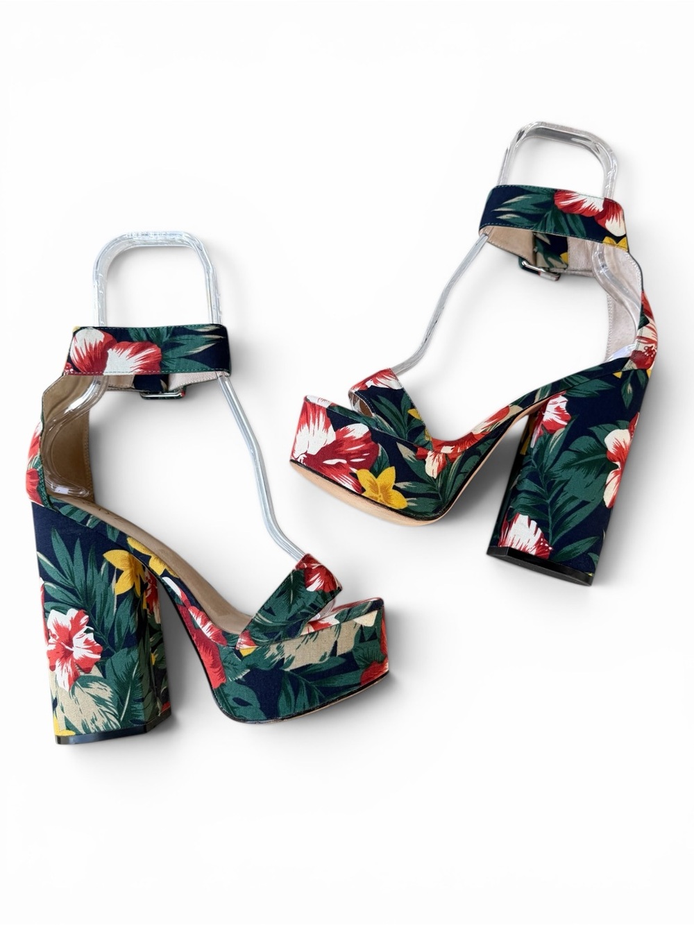 RAYE - Navy Vibrant Tropical Hibiscus Platform Sandals. Size 8 - Picture 6 of 9